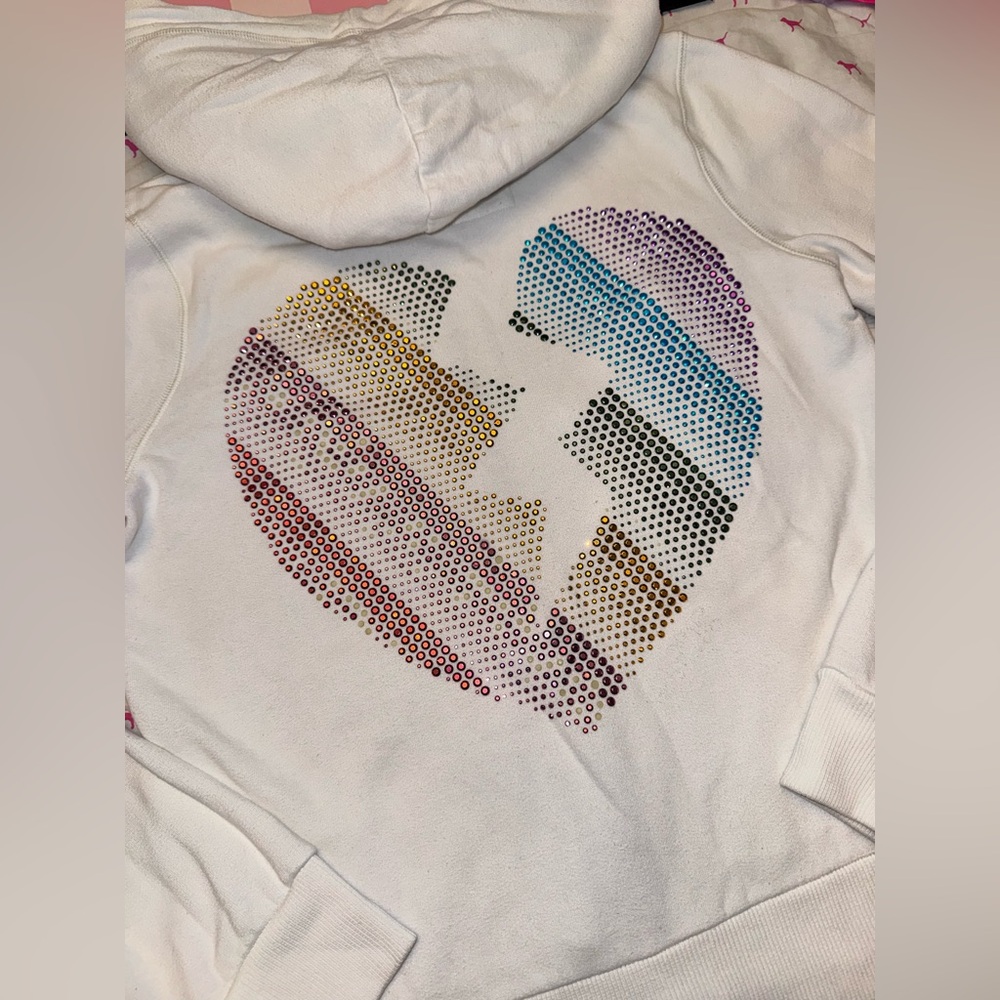 VS PINK VINTAGE Y2K FULL ZIP HOODIE WHITE RAINBOW BLING LOVE BROKEN HEART RARE M - Picture 3 of 11